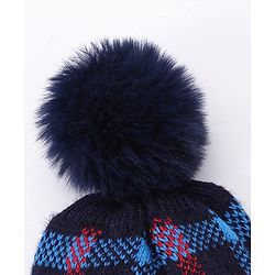 Babyhug Pom Pom Woollen Checked Cap Gloves and Muffler Set Small Size - Blue