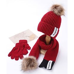 Babyhug Pom Pom Woollen Cap Gloves and Muffler Set Small Size - Red