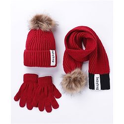 Babyhug Pom Pom Woollen Cap Gloves and Muffler Set Small Size - Red