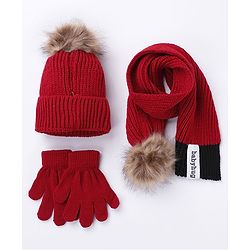 Babyhug Pom Pom Woollen Cap Gloves and Muffler Set Small Size - Red