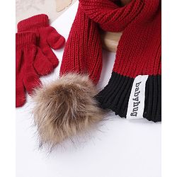 Babyhug Pom Pom Woollen Cap Gloves and Muffler Set Small Size - Red