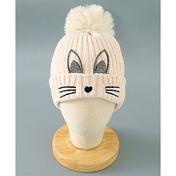 Babyhug Woollen Cap Kitten Embroidery & Applique with Pom Pom - Beige