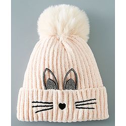 Babyhug Woollen Cap Kitten Embroidery & Applique with Pom Pom - Beige