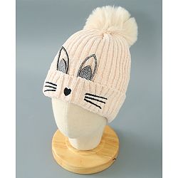 Babyhug Woollen Cap Kitten Embroidery & Applique with Pom Pom - Beige