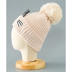 Babyhug Woollen Cap Kitten Embroidery & Applique with Pom Pom - Beige