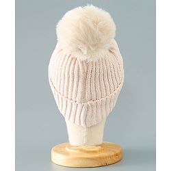 Babyhug Woollen Cap Kitten Embroidery & Applique with Pom Pom - Beige