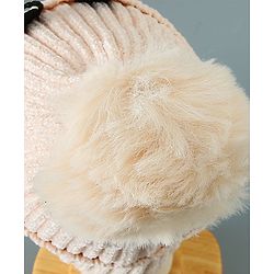Babyhug Woollen Cap Kitten Embroidery & Applique with Pom Pom - Beige