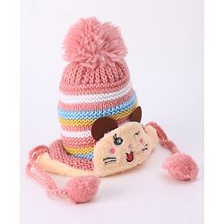 Babyhug Woollen Cap With  Kitten Design & Pompom - Yellow
