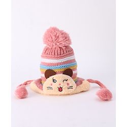 Babyhug Woollen Cap With  Kitten Design & Pompom - Yellow
