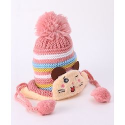 Babyhug Woollen Cap With  Kitten Design & Pompom - Yellow