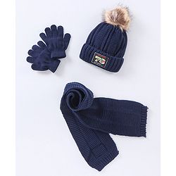 Babyhug Pom Pom Woollen Cap Gloves and Muffler Set Medium Size -  Navy Blue