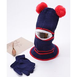 Babyhug Woollen Cap With Pompom & Gloves - Navy Blue