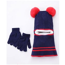 Babyhug Woollen Cap With Pompom & Gloves - Navy Blue