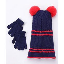 Babyhug Woollen Cap With Pompom & Gloves - Navy Blue