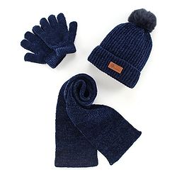 Babyhug Woollen Cap With Muffler & Gloves Solid Colour - Navy Blue