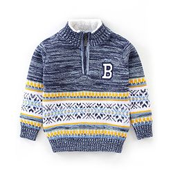 Babyhug 100% Cotton Knit Full Sleeves High Neck Sweaters with Argyle Design - Navy