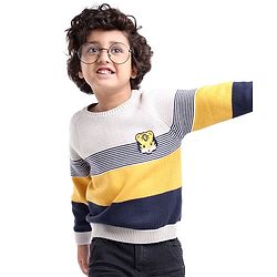 Babyhug Knit Full Sleeves Sweater Stripes Design With Tiger Patch- White Yellow & Blue