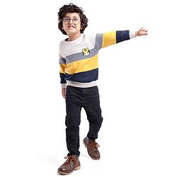 Babyhug Knit Full Sleeves Sweater Stripes Design With Tiger Patch- White Yellow & Blue