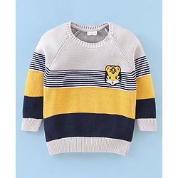 Babyhug Knit Full Sleeves Sweater Stripes Design With Tiger Patch- White Yellow & Blue