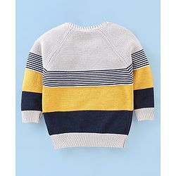 Babyhug Knit Full Sleeves Sweater Stripes Design With Tiger Patch- White Yellow & Blue