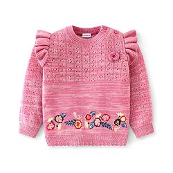 Babyhug 100% Cotton Knit Full Sleeves Sweater with Frill Detailing & Floral Embroidery - Pink