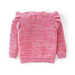 Babyhug 100% Cotton Knit Full Sleeves Sweater with Frill Detailing & Floral Embroidery - Pink