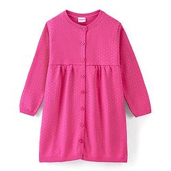Babyhug 100% Cotton Knit Full Sleeves Dots Printed Woollen Dress - Pink