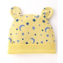 Babyhug 100% Cotton Cap with Ear Applique & Moon Print - Yellow