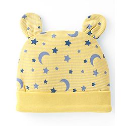 Babyhug 100% Cotton Cap with Ear Applique & Moon Print - Yellow