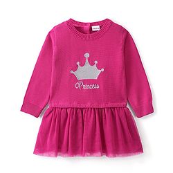 Babyhug Knitted Full Sleeves Woolen Dress with Crown Design - Pink