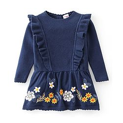 Babyhug Full Sleeves Woollen Dress Floral Design - Navy Blue