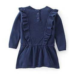 Babyhug Full Sleeves Woollen Dress Floral Design - Navy Blue