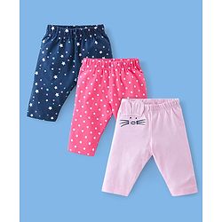 Babyhug Cotton Lycra Three Fourth Length Leggings Star Print Pack Of 3 - Blue & Pink