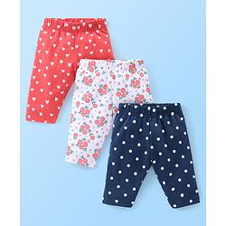 Babyhug Cotton Three Fourth Lycra Leggings Floral & Hearts Print Pack Of 3- Blue White & Red