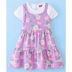 Babyhug 100% Cotton Knit Frock With Half Sleeves Inner Tee Floral Print- Lilac