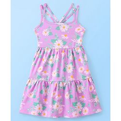 Babyhug 100% Cotton Knit Frock With Half Sleeves Inner Tee Floral Print- Lilac