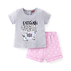 Babyhug Cotton Knit Half Sleeves Night Suit with Kitty Print - Grey Melange & Pink