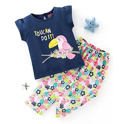 Babyhug Cotton Knit Half Sleeves Night Suit Toucan Print - Navy Blue & White