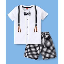 Babyhug 100% Cotton Knit Half Sleeves Suspender Printed T-Shirt & Checked Shorts with Bow - White & Grey