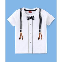 Babyhug 100% Cotton Knit Half Sleeves Suspender Printed T-Shirt & Checked Shorts with Bow - White & Grey