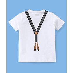 Babyhug 100% Cotton Knit Half Sleeves Suspender Printed T-Shirt & Checked Shorts with Bow - White & Grey