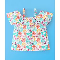 Babyhug 100% Cotton Knit Half Sleeves Off Shoulder Top Floral Print - Multicolour