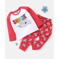 Babyhug Cotton Knit  Raglan Sleeves Koala Printed Night Suit - Red