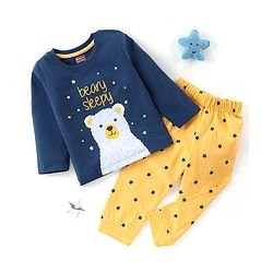 Babyhug Cotton Knit Full Sleeves Night Suit Bear Print - Navy Blue & Yellow