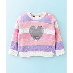 Babyhug Knit Full Sleeves Sweater Stripes Design With Heart Sequin Detailing- White Pink & Purple