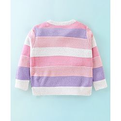 Babyhug Knit Full Sleeves Sweater Stripes Design With Heart Sequin Detailing- White Pink & Purple