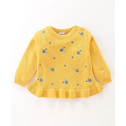 Babyhug Full Sleeves Sweater With Frill Detailing & Floral Embroidery- Yellow