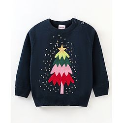 Babyhug Knit Full Sleeves Sweater Christmas Tree Design With Sequin Embroidery- Navy Blue