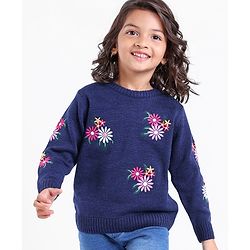 Babyhug Knit Full Sleeves Sweater Floral Design- Navy Blue