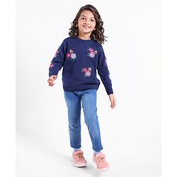 Babyhug Knit Full Sleeves Sweater Floral Design- Navy Blue